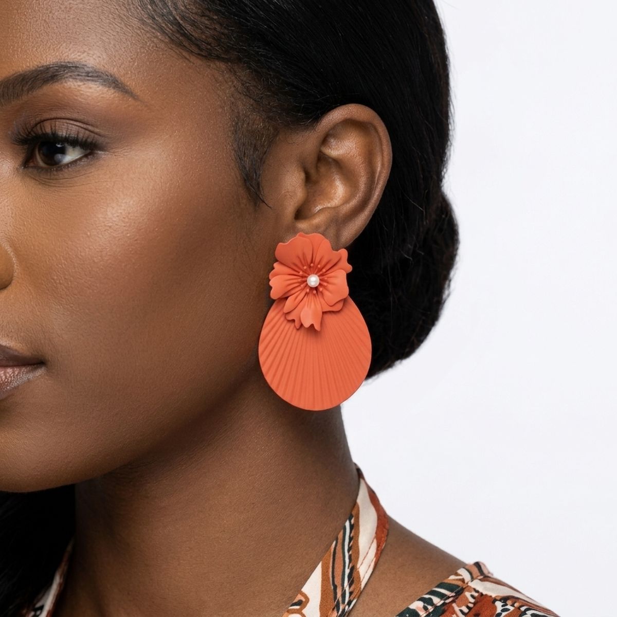 Large Stud Orange Flower Fanned Teardrop Earrings