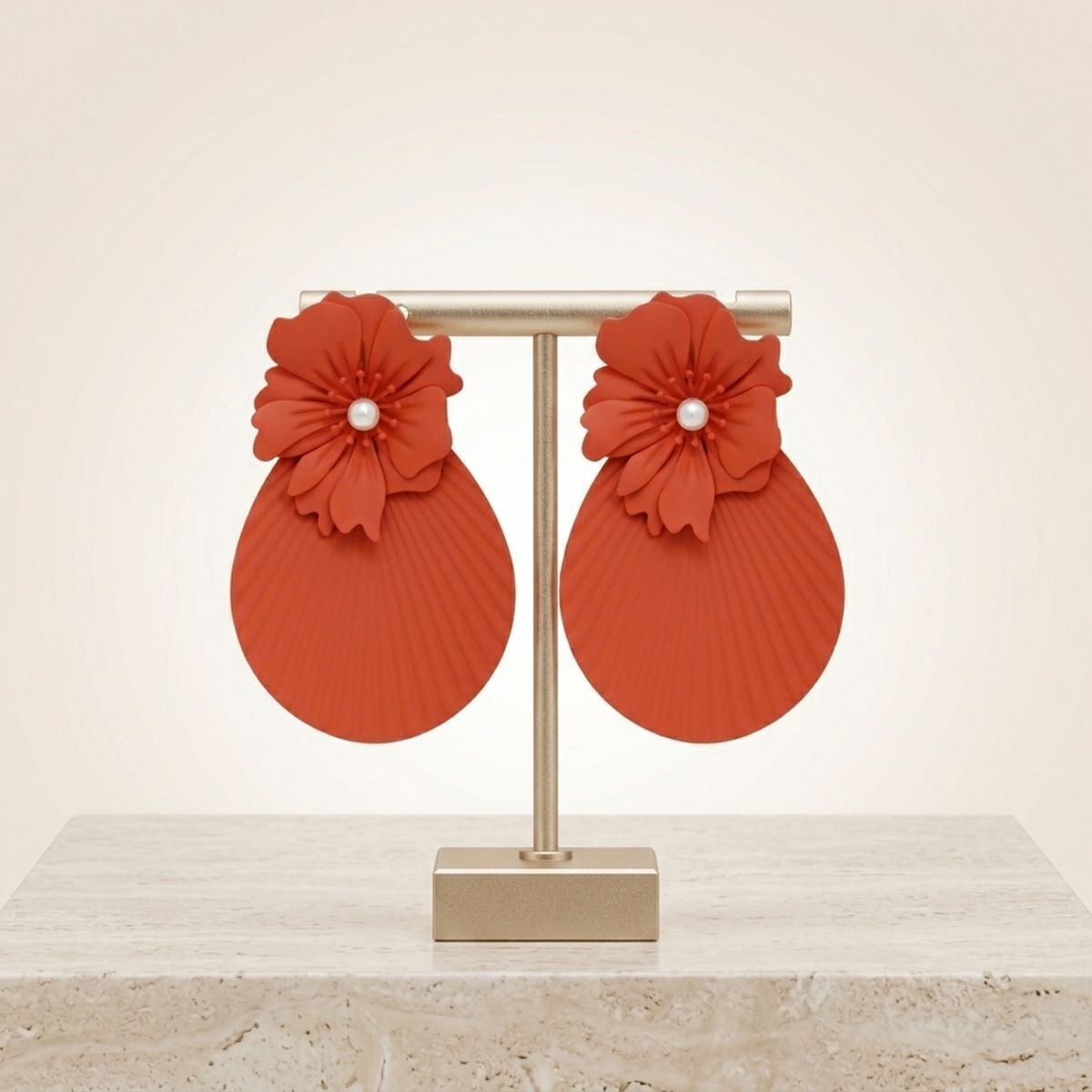 Large Stud Orange Flower Fanned Teardrop Earrings