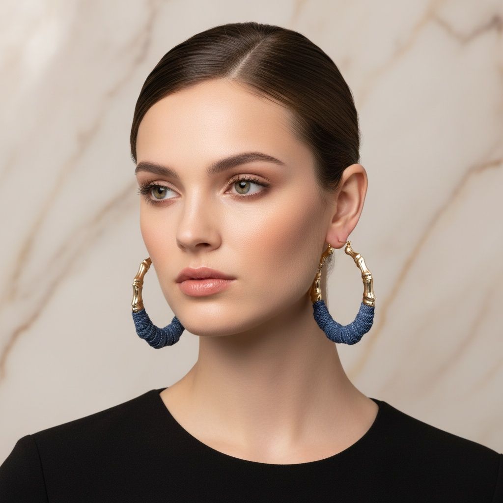 Hoop Denim Jeans Gold Bamboo Texture Earrings