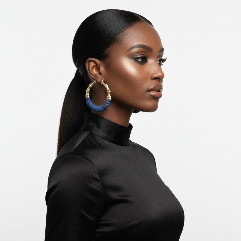 Hoop Denim Jeans Gold Bamboo Texture Earrings