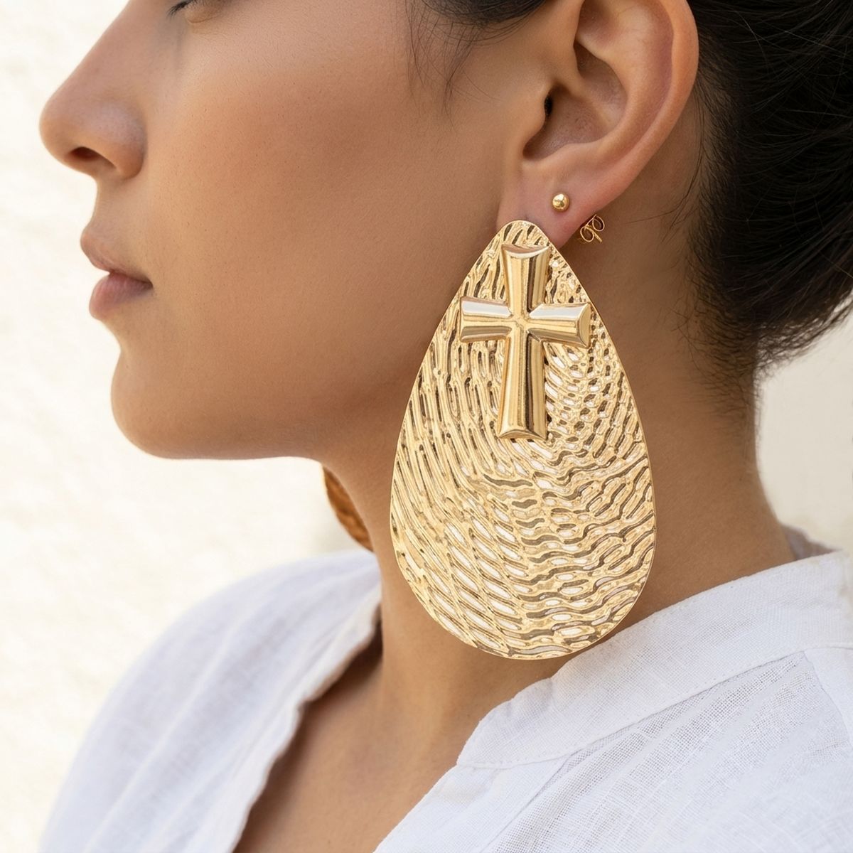 Gold Textured Teardrop Cross XL Stud Earrings