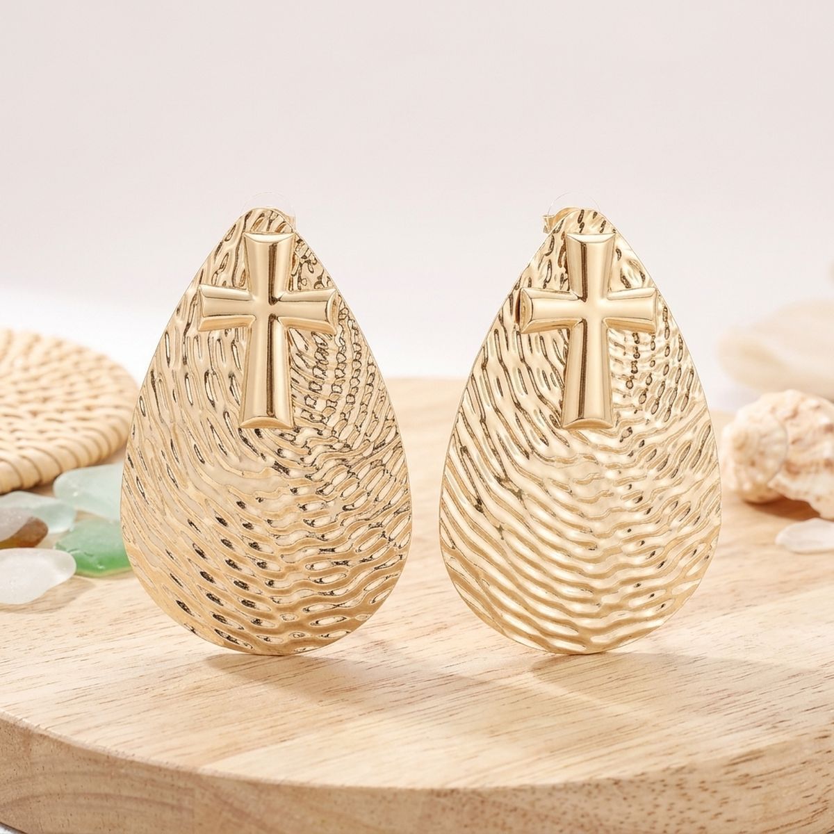 Gold Textured Teardrop Cross XL Stud Earrings