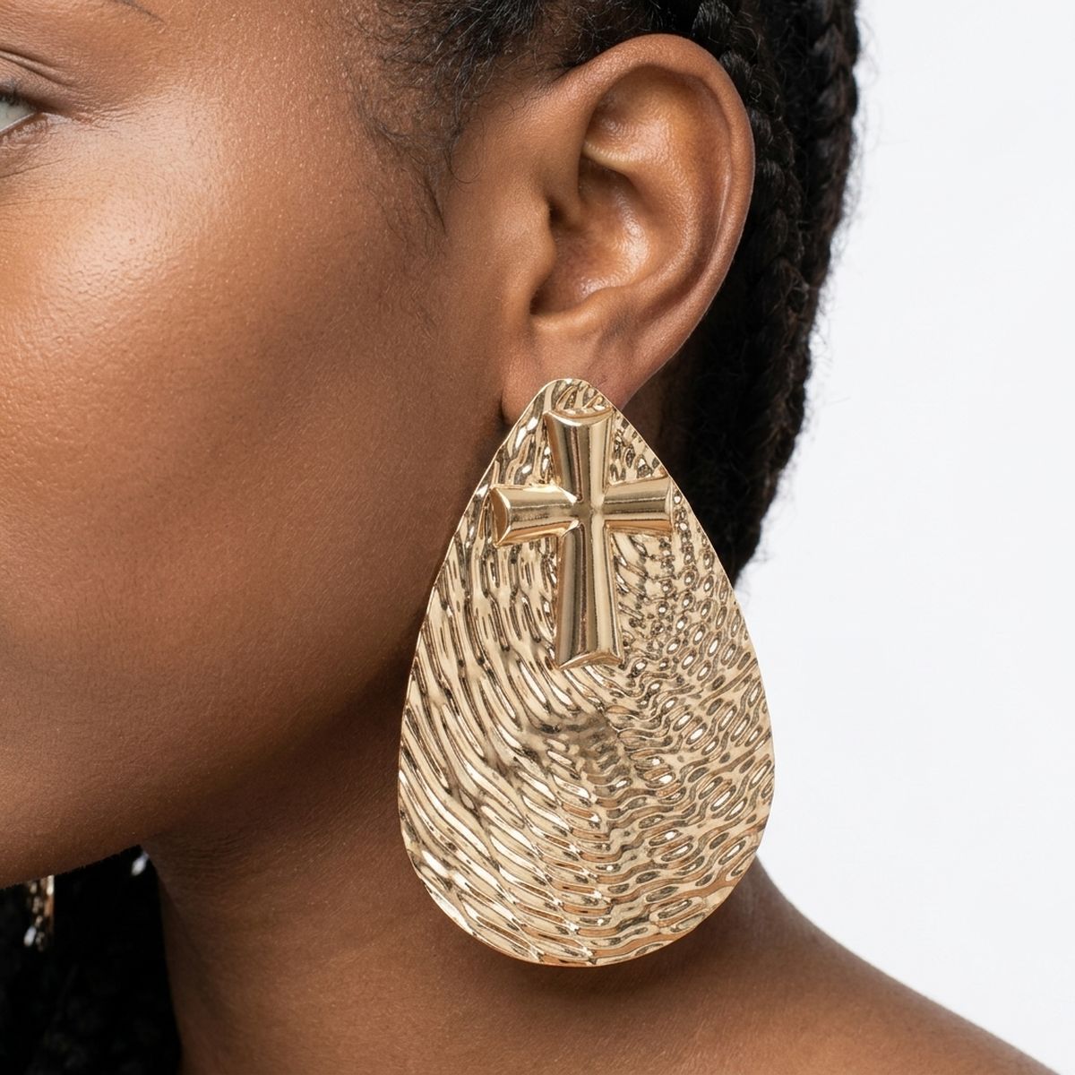 Gold Textured Teardrop Cross XL Stud Earrings