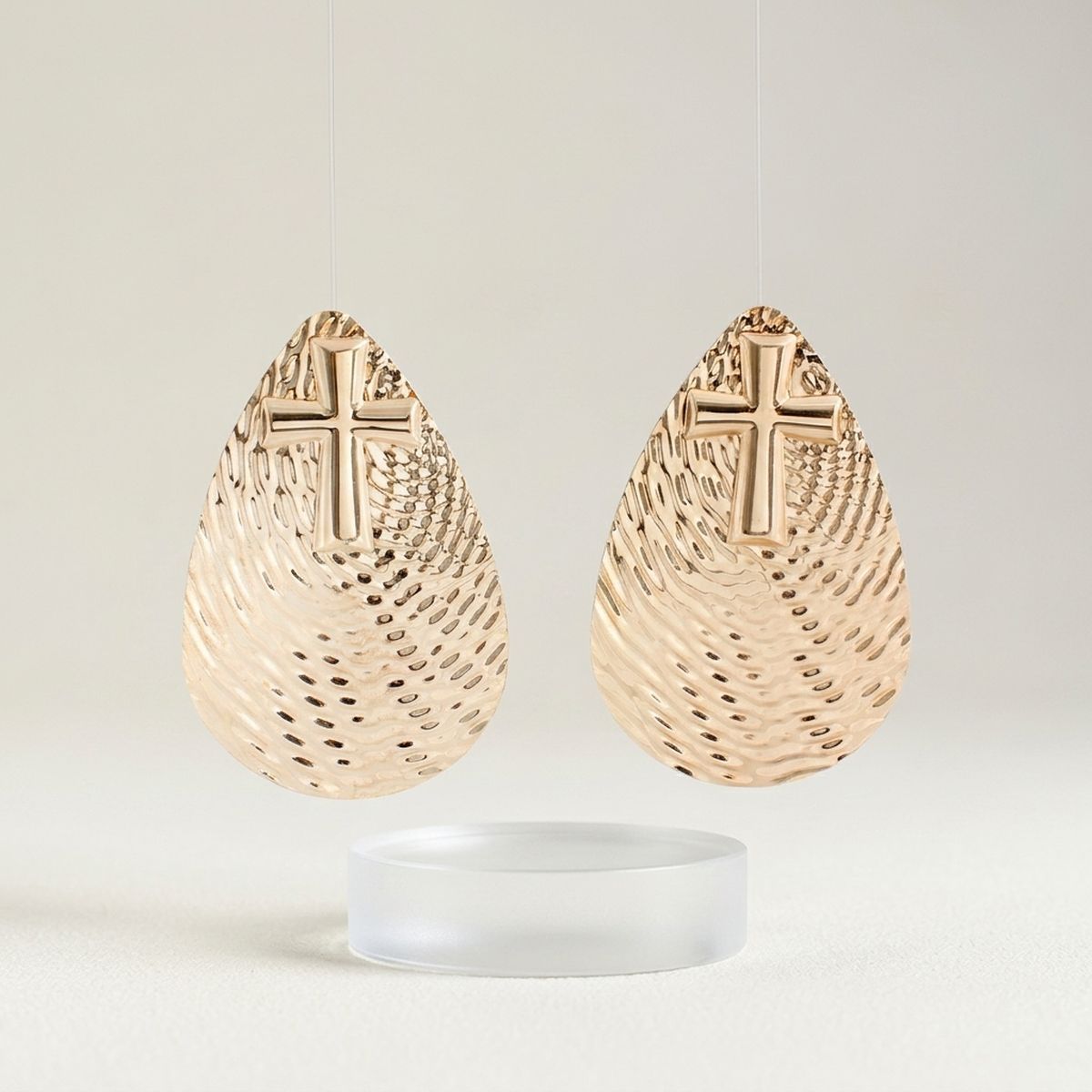 Gold Textured Teardrop Cross XL Stud Earrings