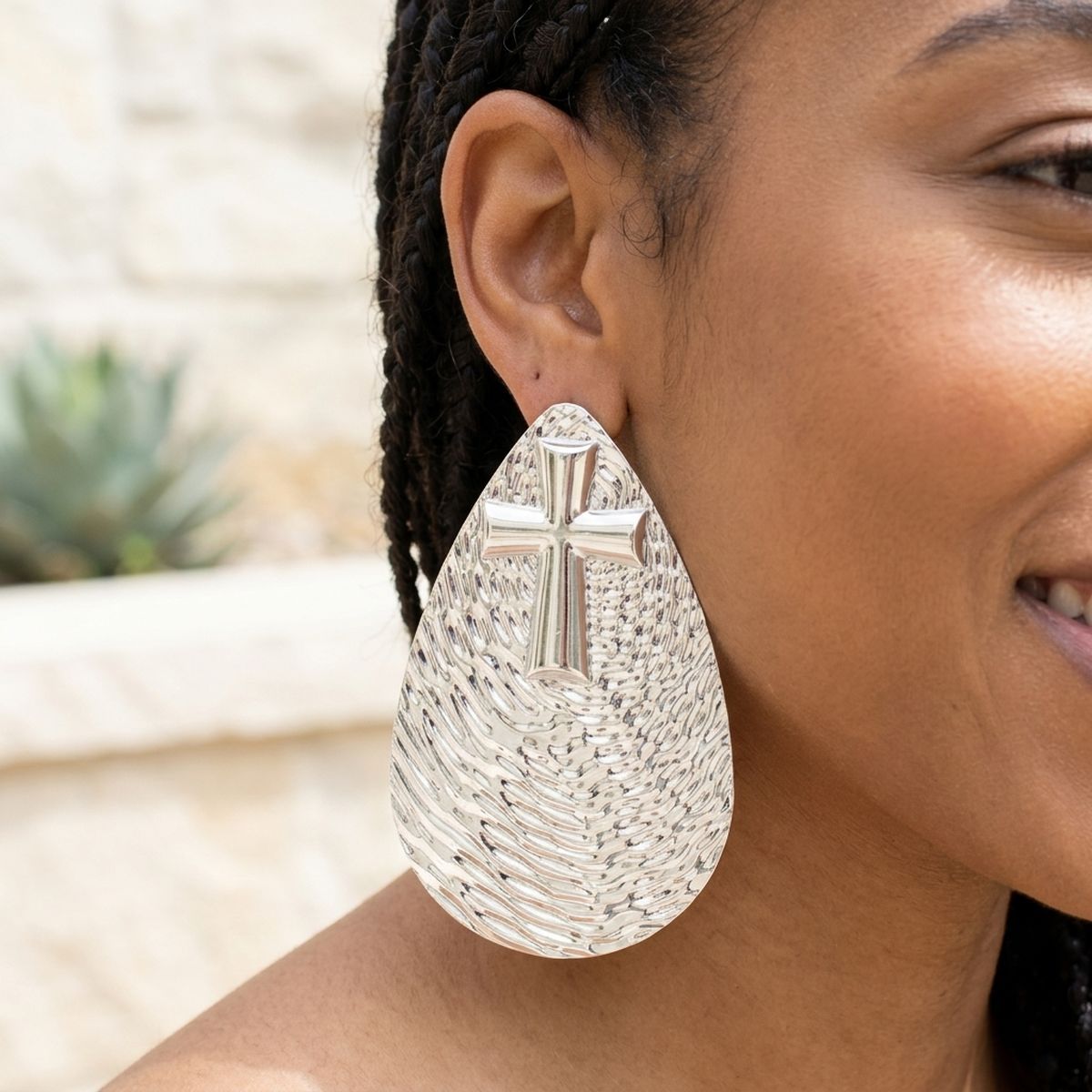 Silver Textured Teardrop Cross XL Stud Earrings