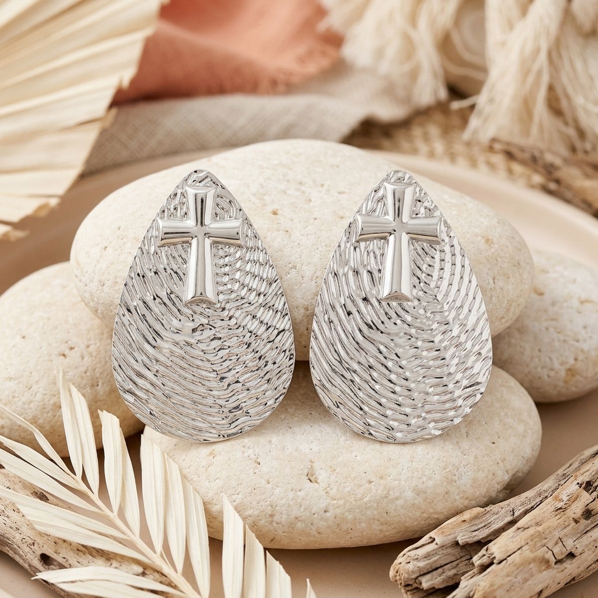 Silver Textured Teardrop Cross XL Stud Earrings