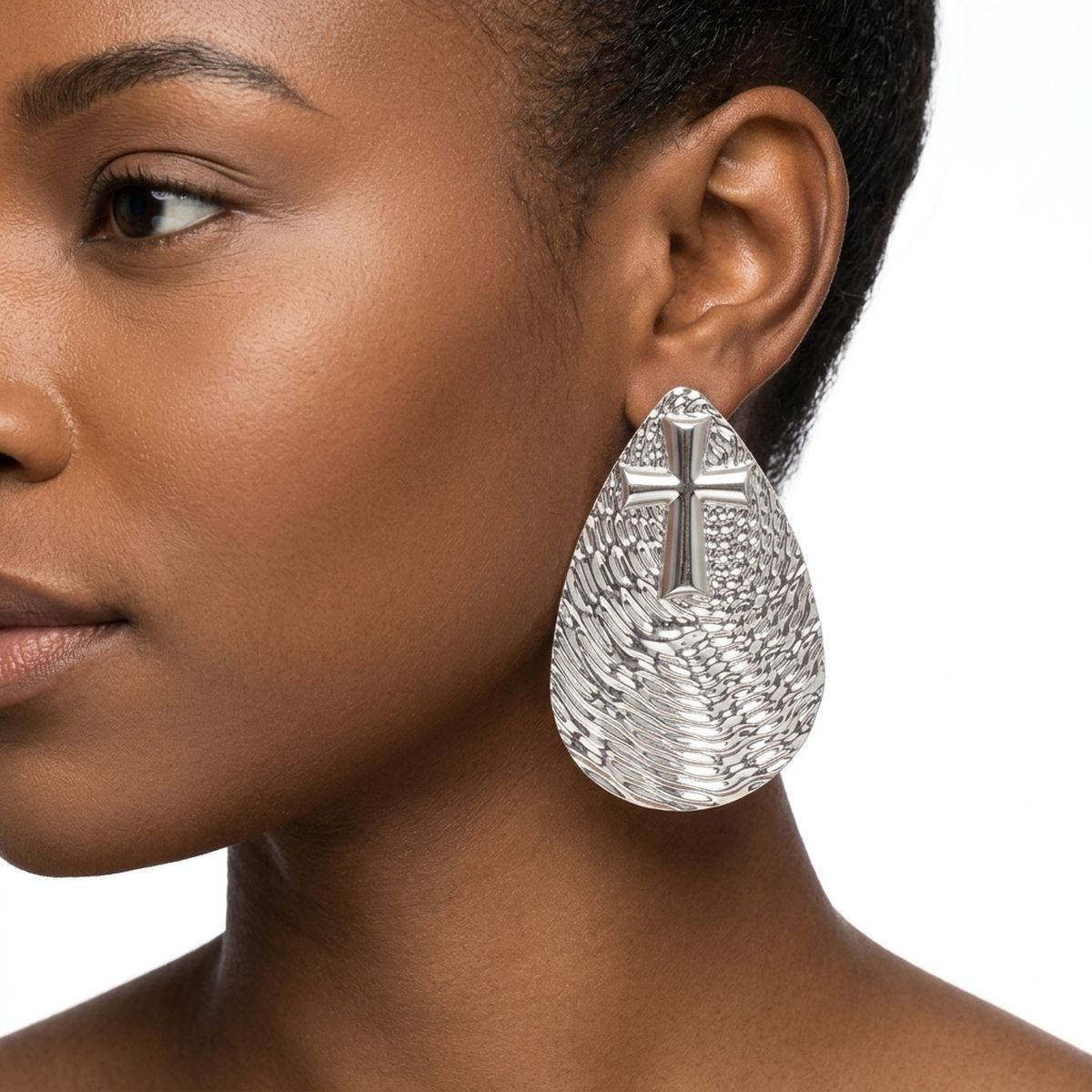 Silver Textured Teardrop Cross XL Stud Earrings