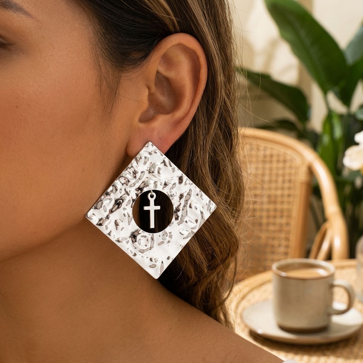 Silver Hammered Diamond Cross Large Stud Earrings