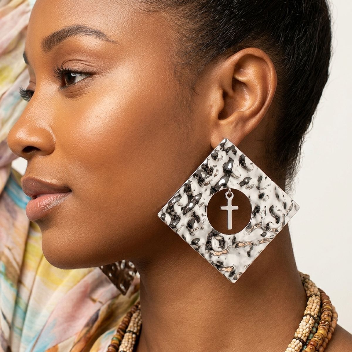 Silver Hammered Diamond Cross Large Stud Earrings