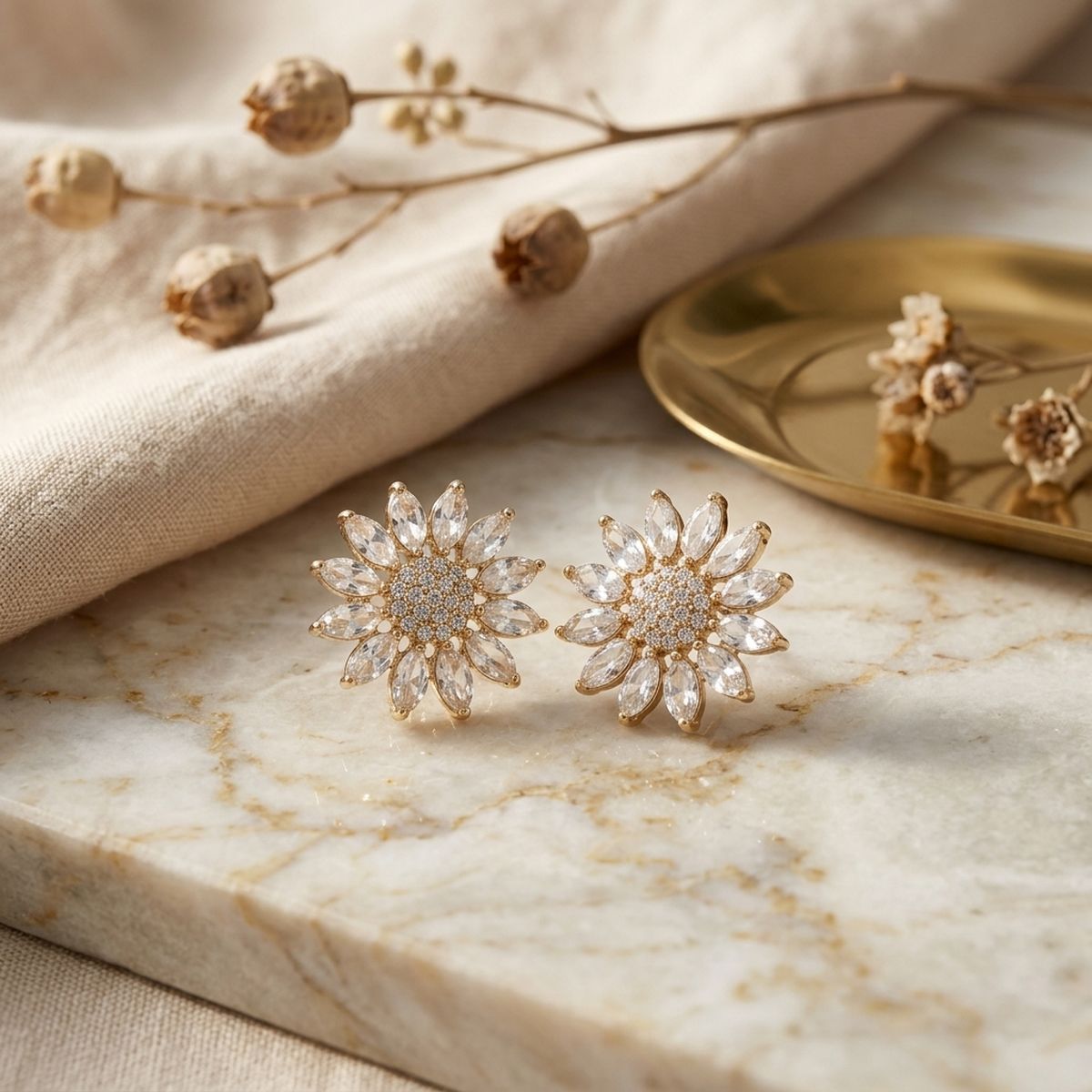 Clip On Gold Glass Crystal Sunflower Earrings