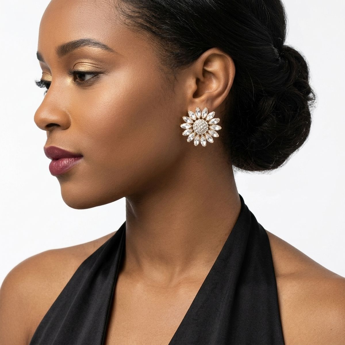 Clip On Gold Glass Crystal Sunflower Earrings