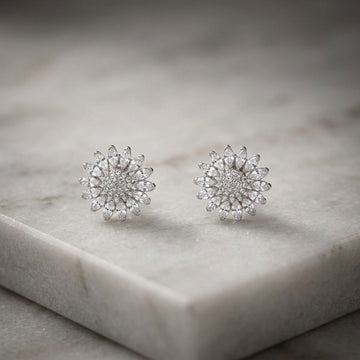 Clip On Silver Glass Crystal Sunflower Earrings