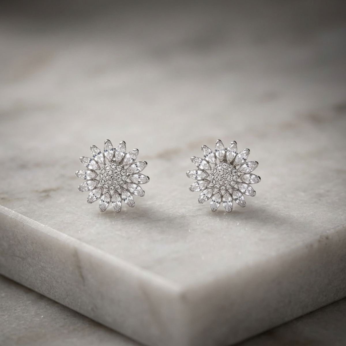 Clip On Silver Glass Crystal Sunflower Earrings