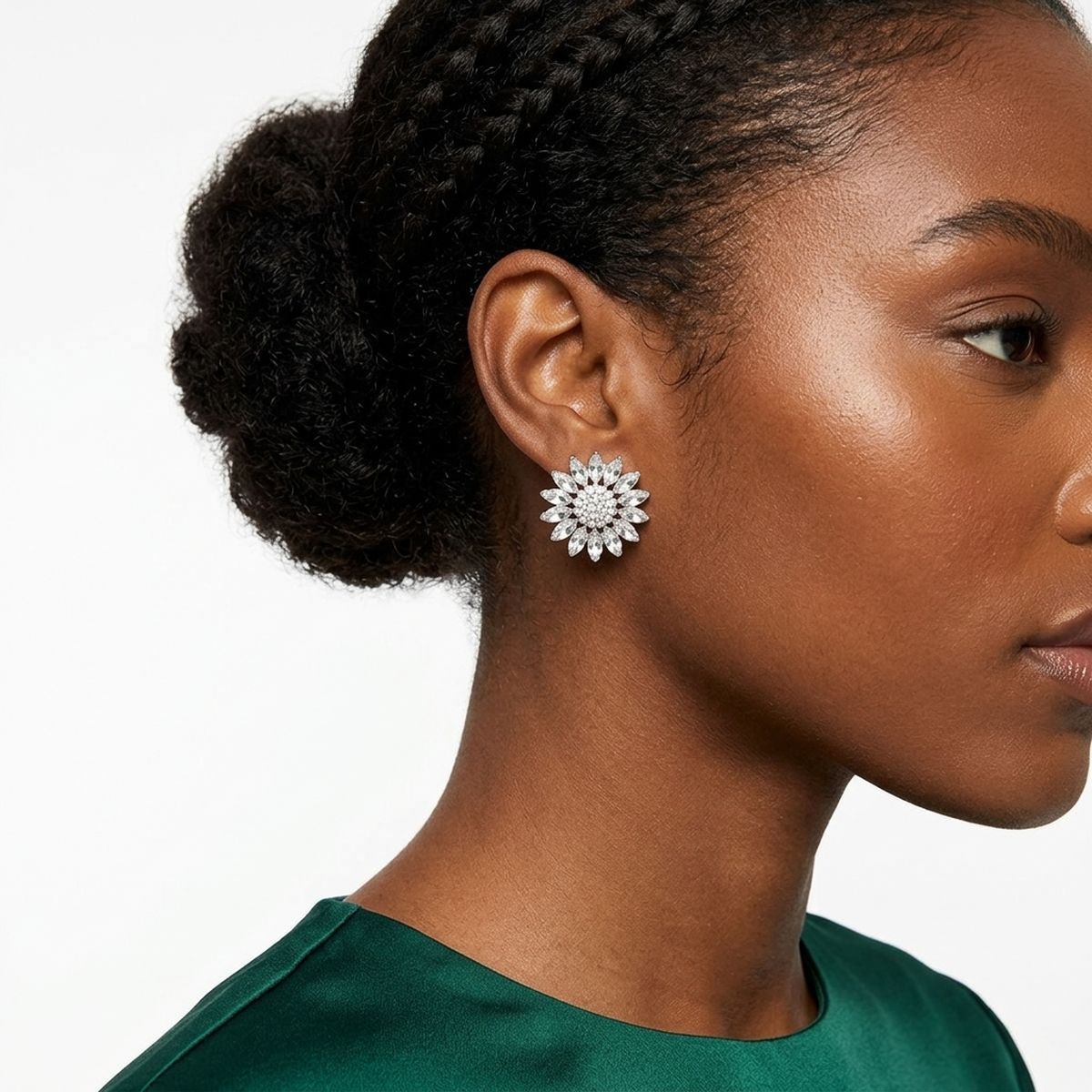 Clip On Silver Glass Crystal Sunflower Earrings