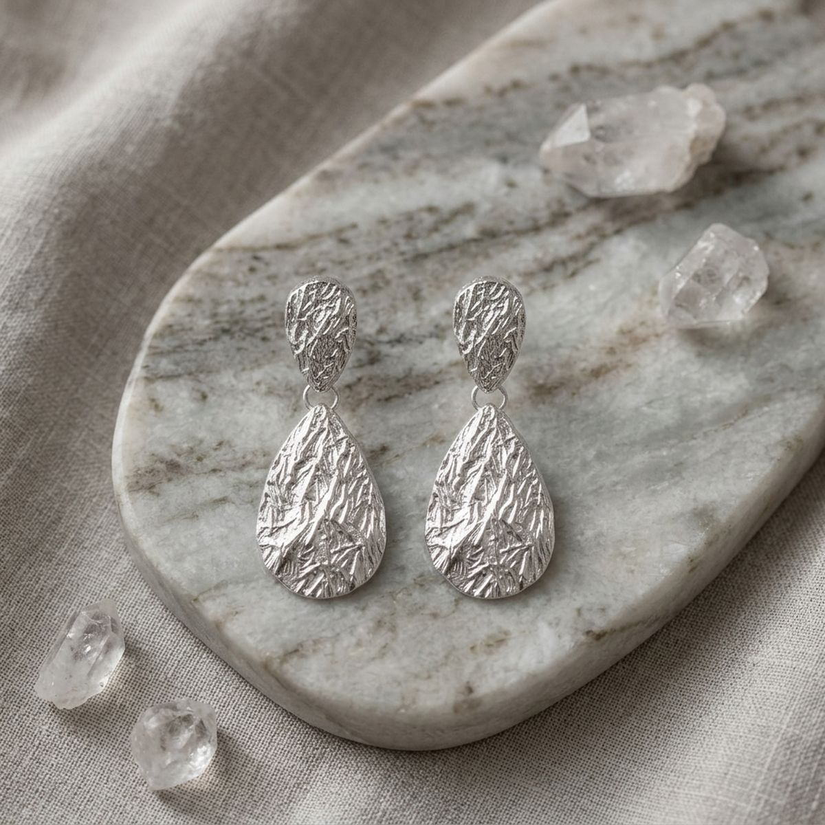 Clip On Double Teardrop Melted Silver Earrings