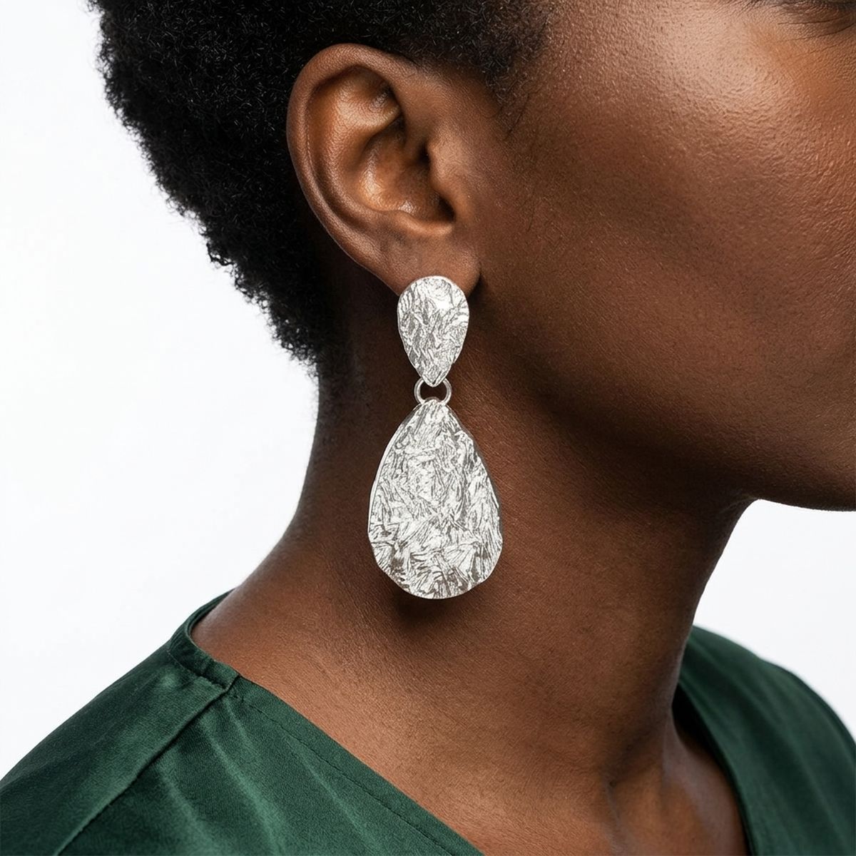 Clip On Double Teardrop Melted Silver Earrings