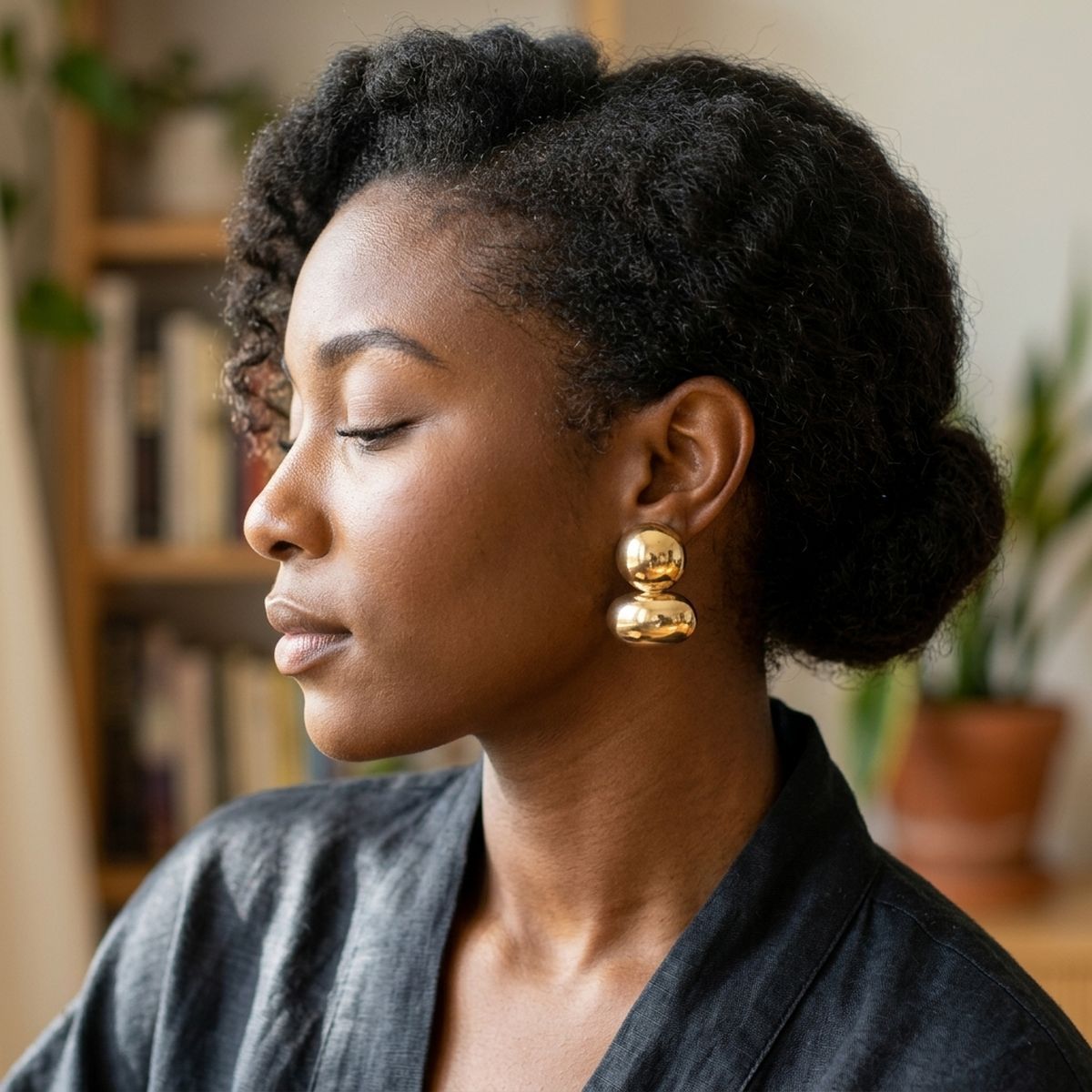 Gold Clip On Stacked Double Dome Chunky Earrings