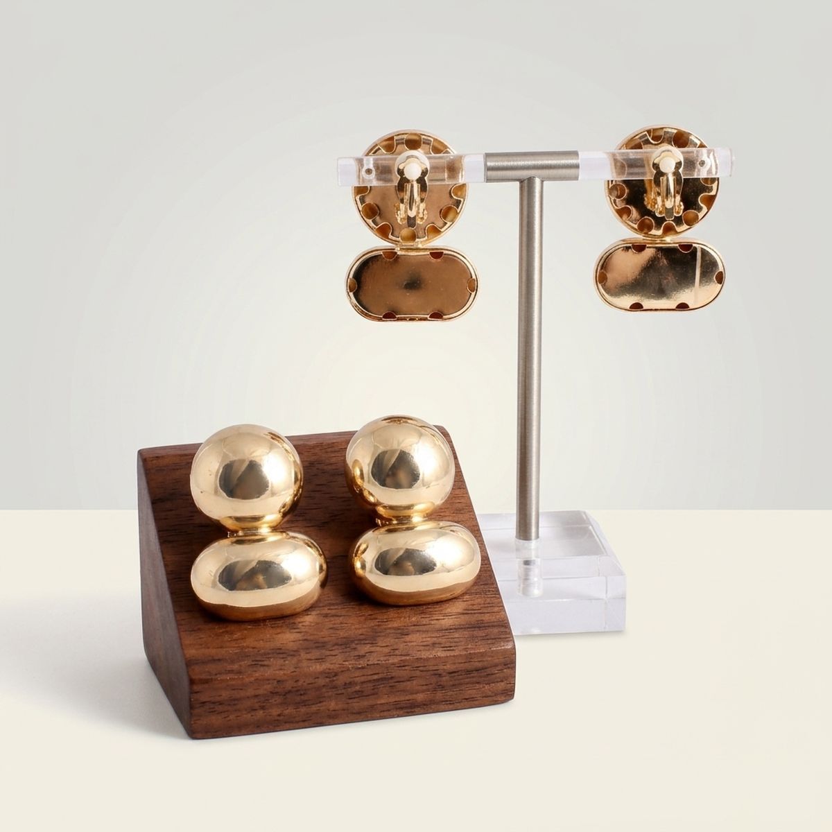 Gold Clip On Stacked Double Dome Chunky Earrings