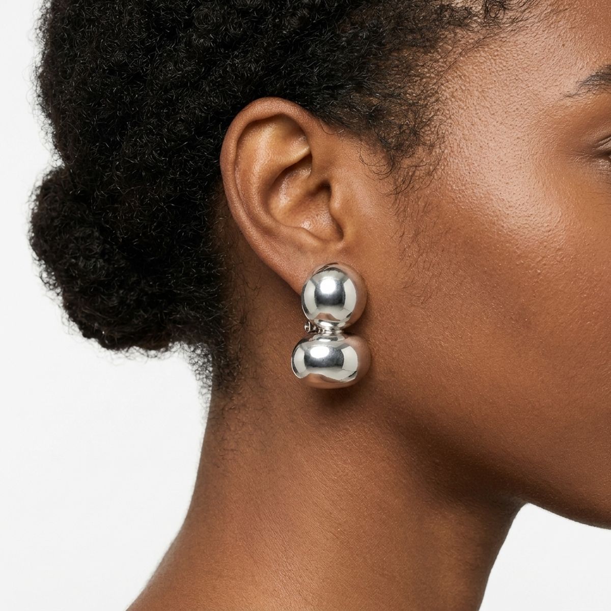 Silver Clip On Stacked Double Dome Chunky Earrings