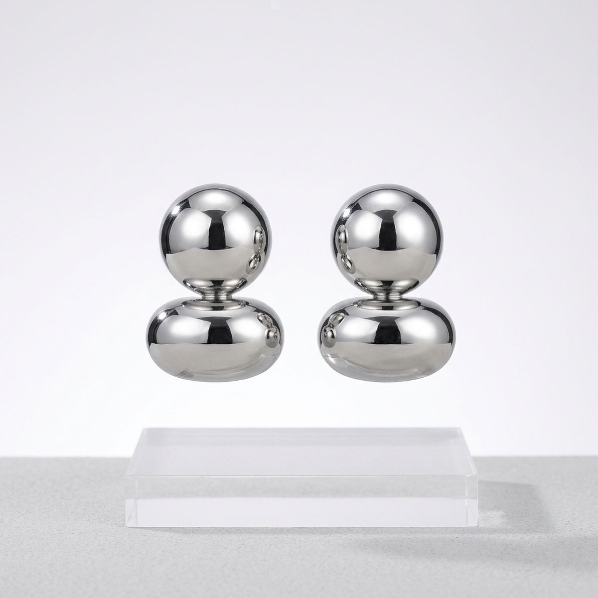 Silver Clip On Stacked Double Dome Chunky Earrings