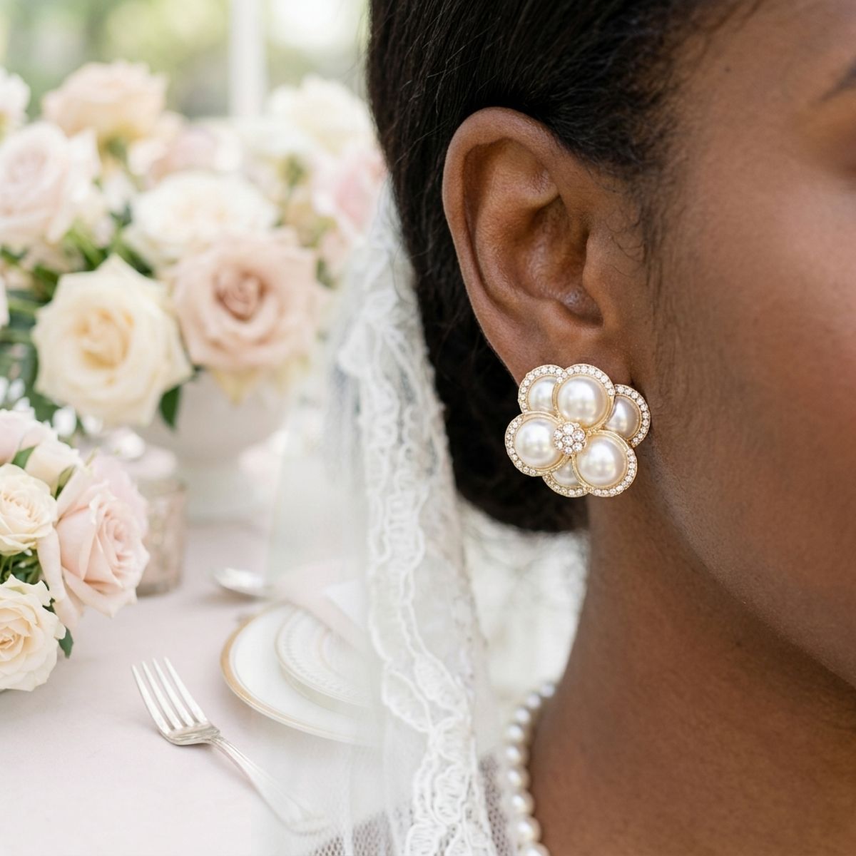 Clip on Gold Stacked Pearl Dome Pave Earrings