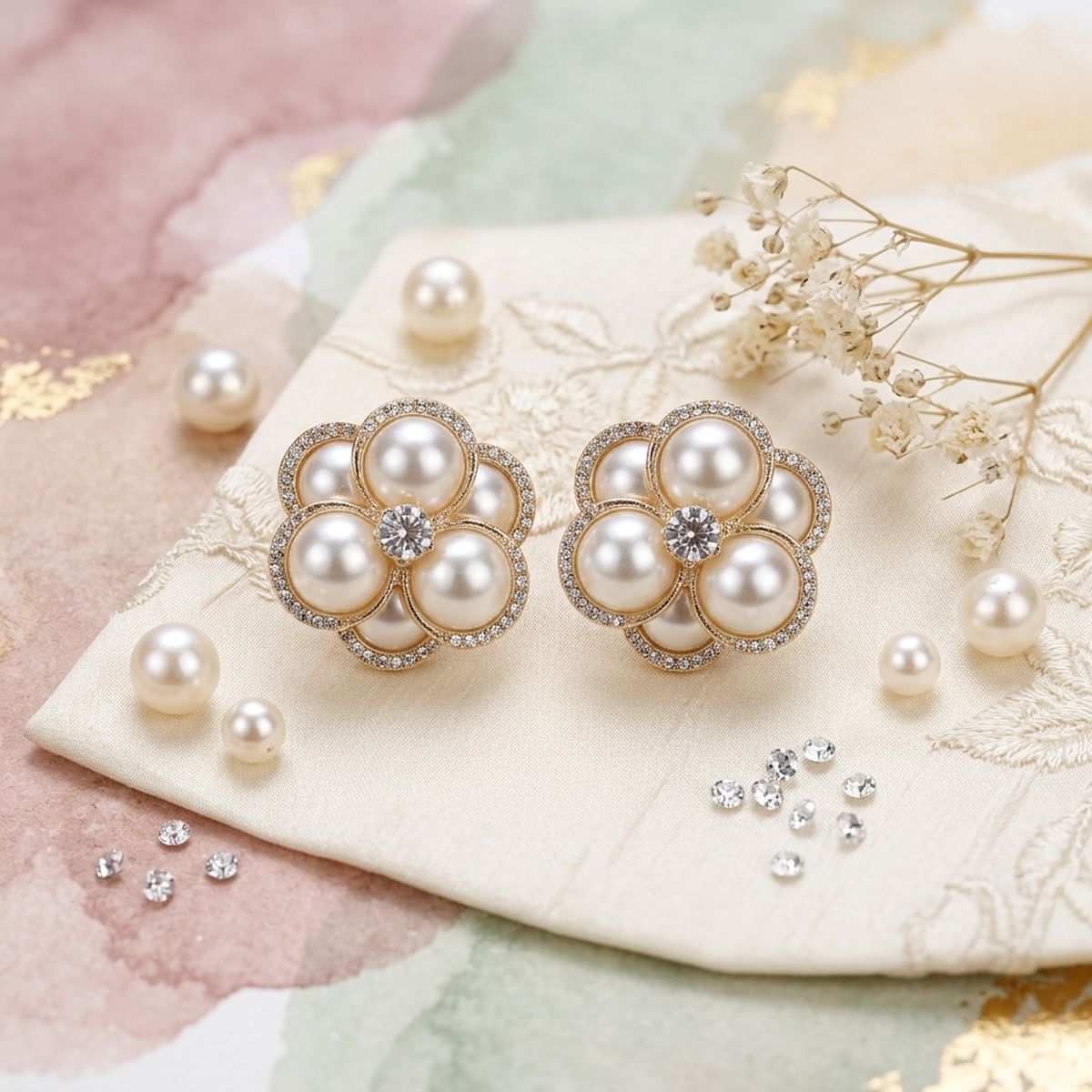 Clip on Gold Stacked Pearl Dome Pave Earrings