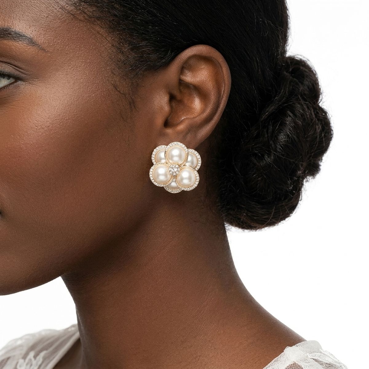 Clip on Gold Stacked Pearl Dome Pave Earrings