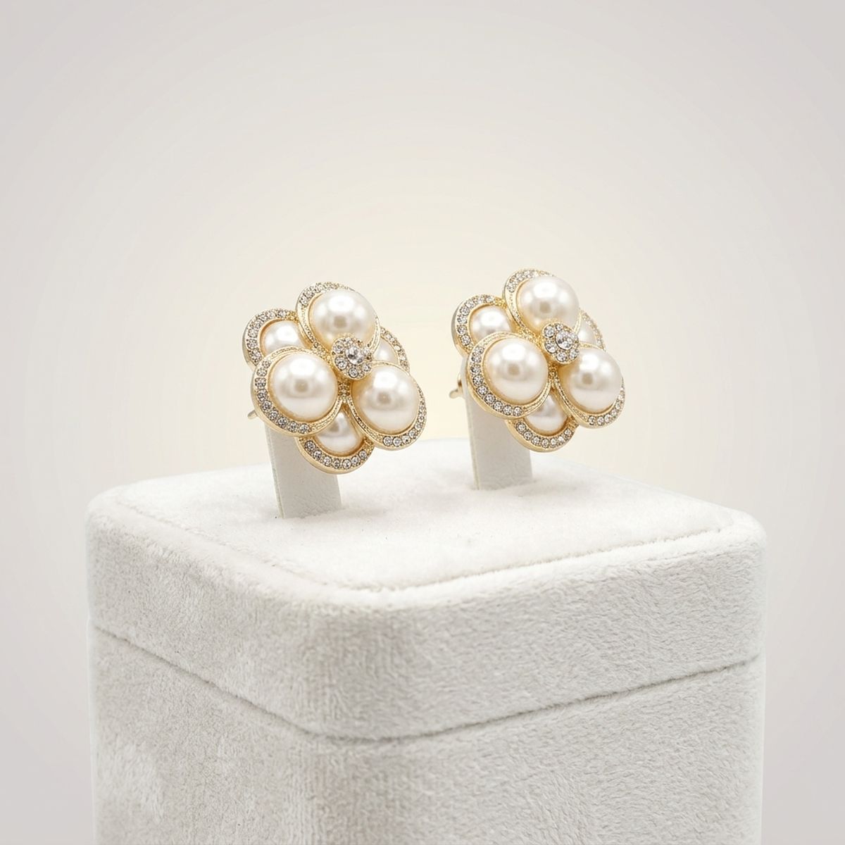 Clip on Gold Stacked Pearl Dome Pave Earrings
