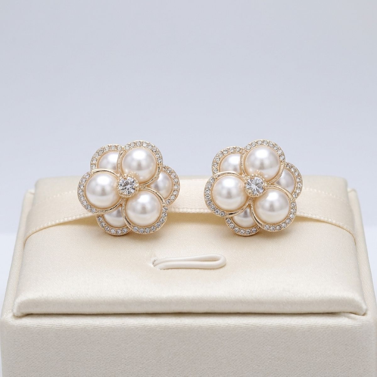 Clip on Gold Stacked Pearl Dome Pave Earrings