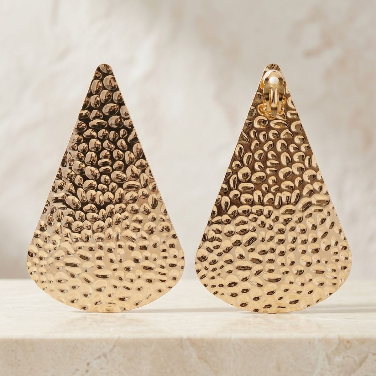 Clip On Gold Hammered Teardrop XL Earrings
