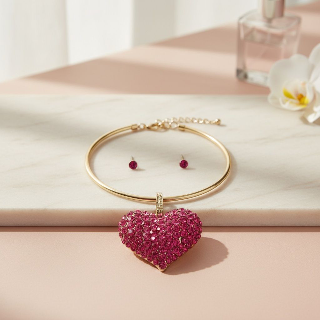 Pendant Fuchsia Stone Domed Heart Chunky Necklace