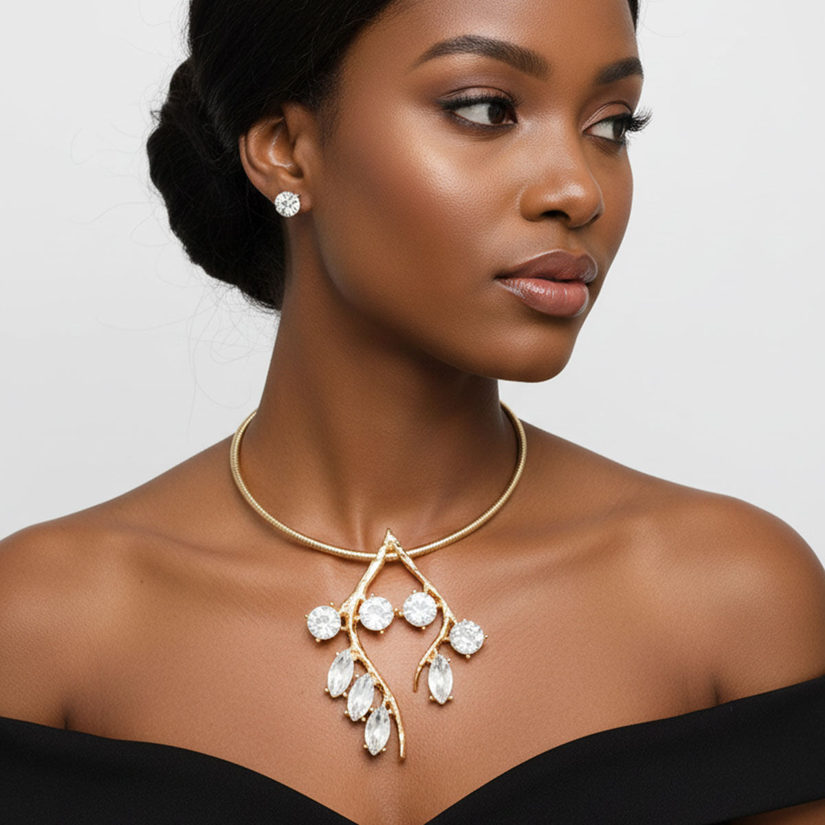 Pendant Gold Branch Clear Crystal Earthy Necklace