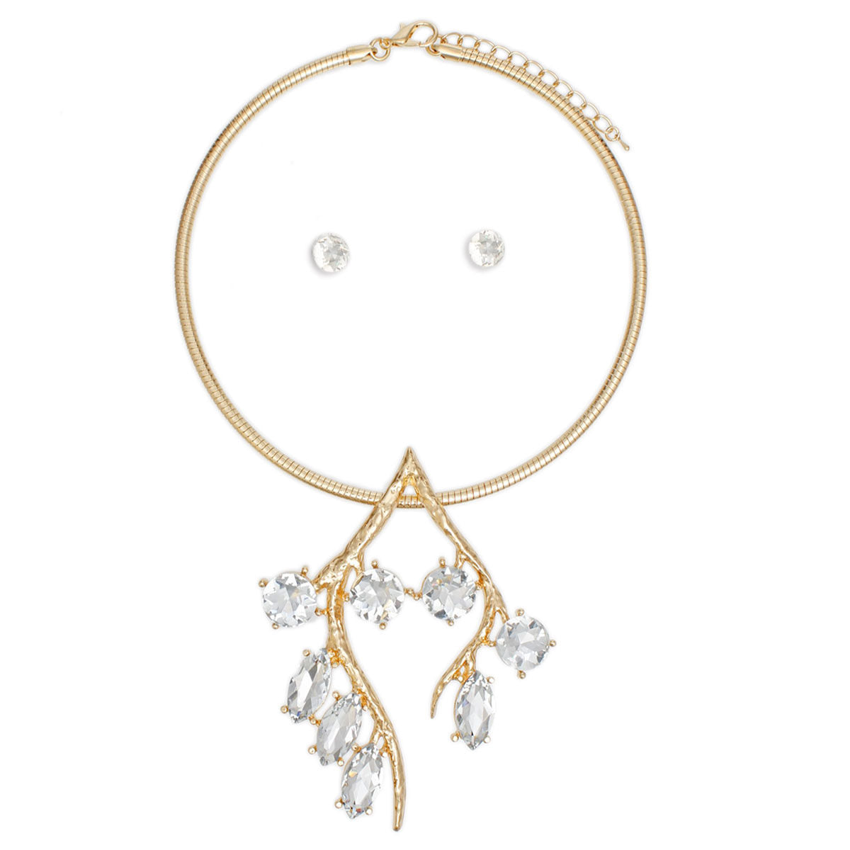 Pendant Gold Branch Clear Crystal Earthy Necklace