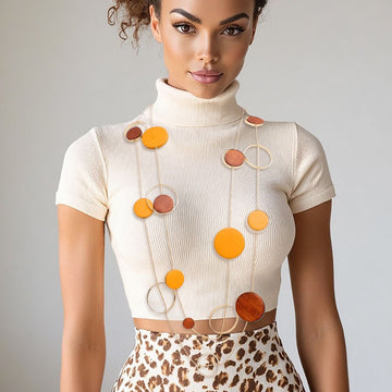Long Brown Wood Disc Layered Gold Necklace