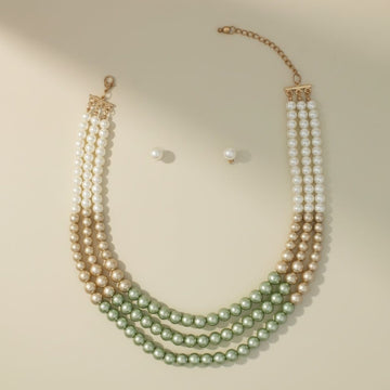 Glass Pearl Green Cream Ombre 3 Strand Necklace
