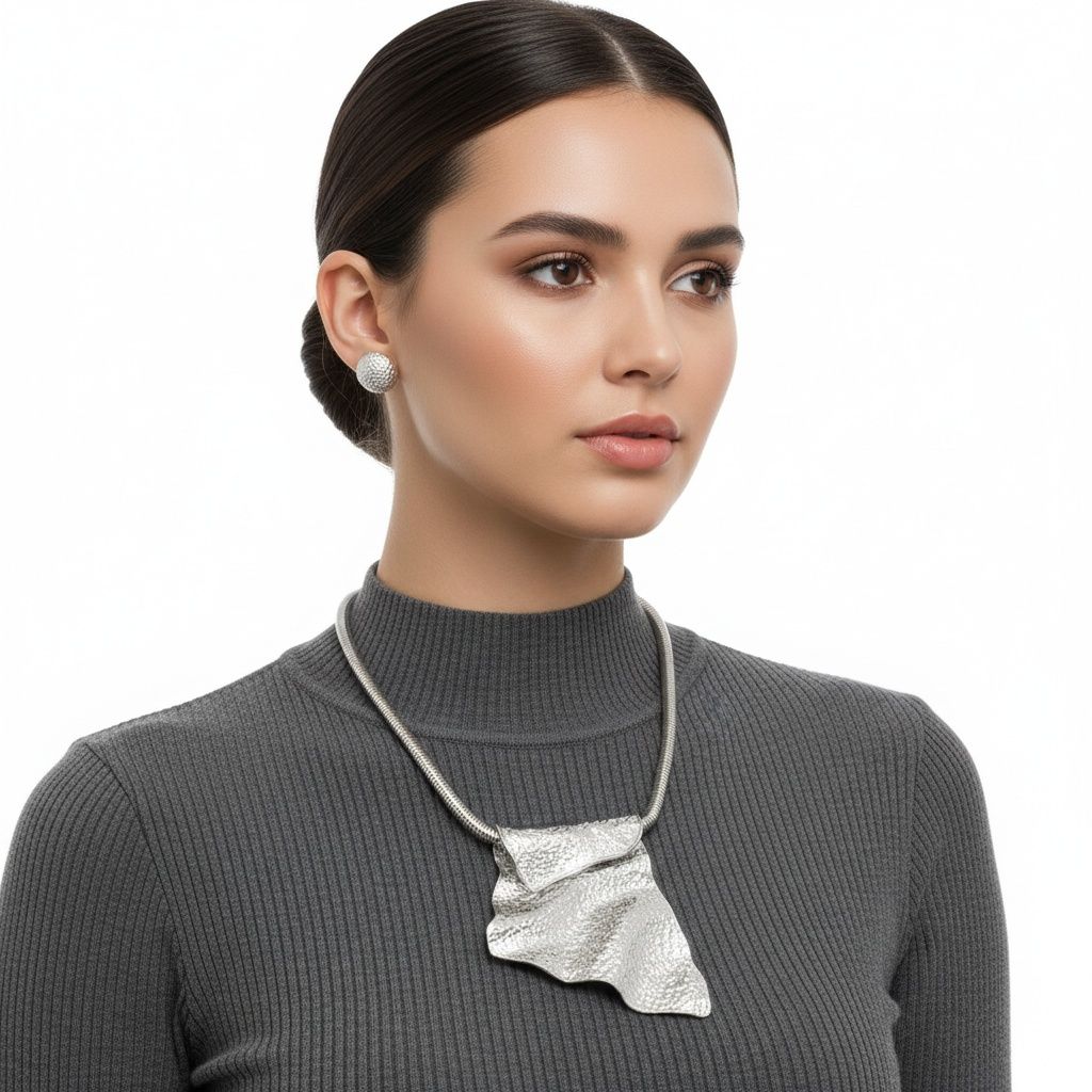 Power Pendant Silver Folded Metal Modern Necklace