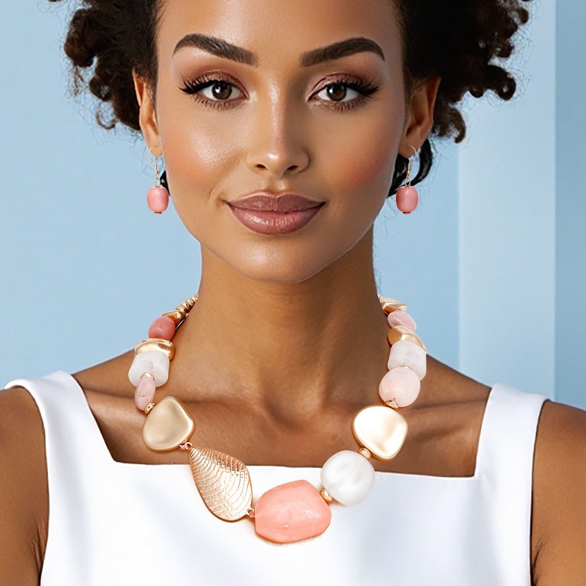 Beaded Pink and Gold Beachy Shell Link Necklace