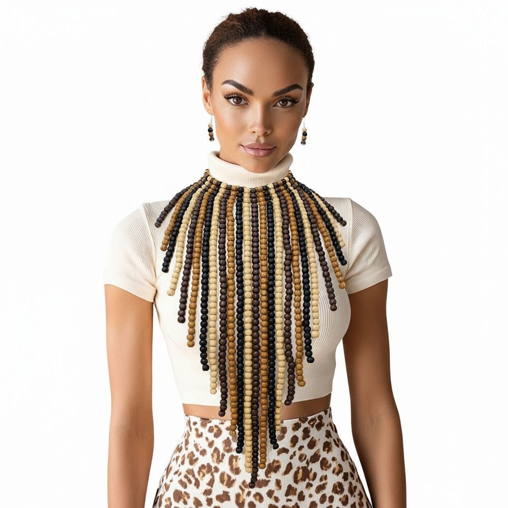 Bib Long Brown Wood Bead Fringe Global Necklace