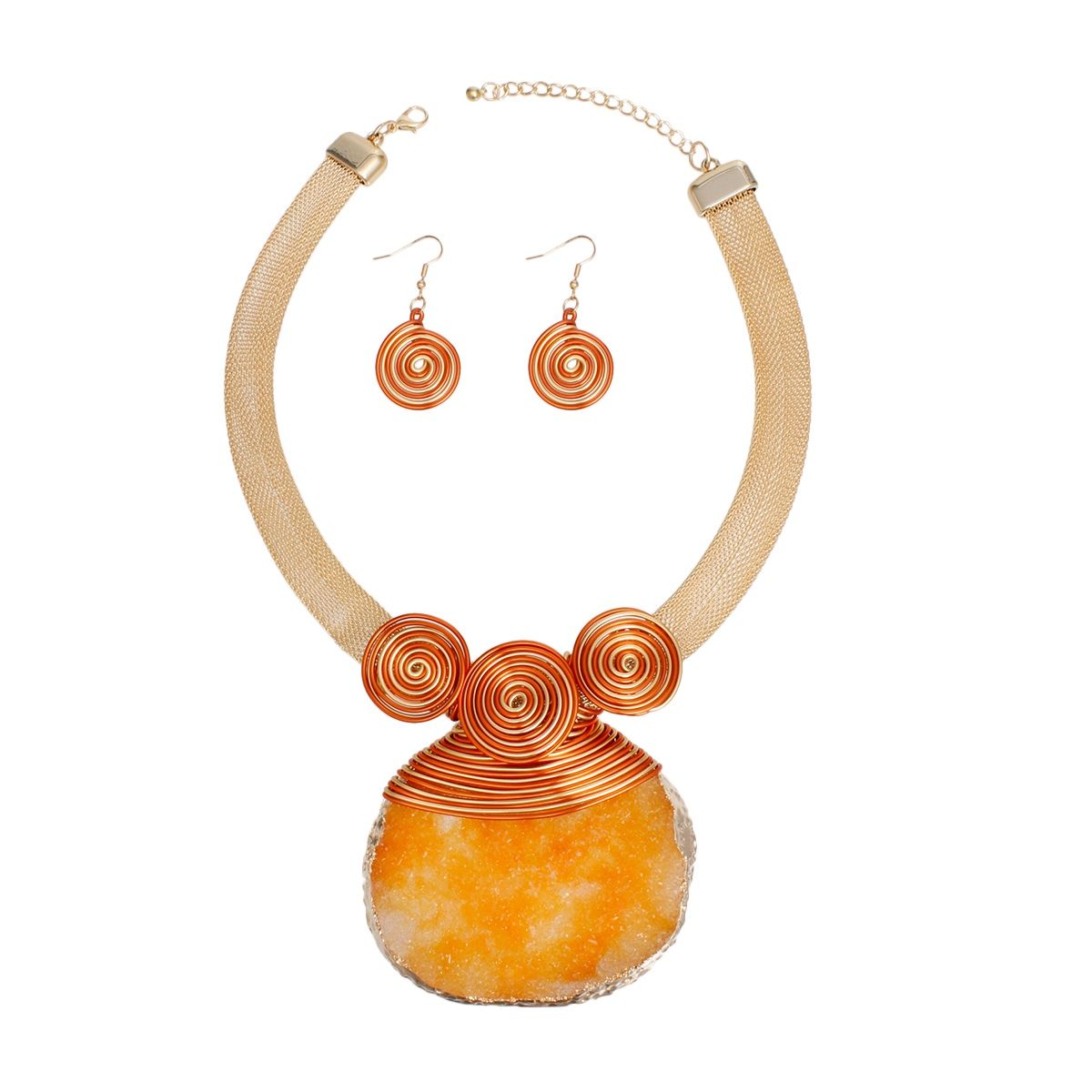 Pendant Orange Druzy Stone Wire Tribal Necklace