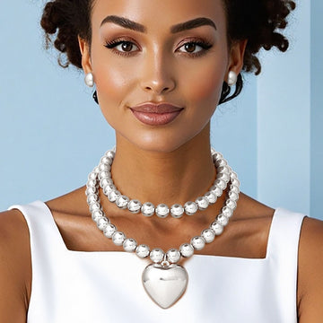 Beaded Silver Heart Pendant Double Necklace Set