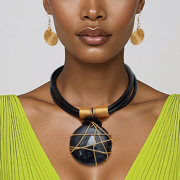Pendant Black Leather Wire Wrapped Resin Necklace