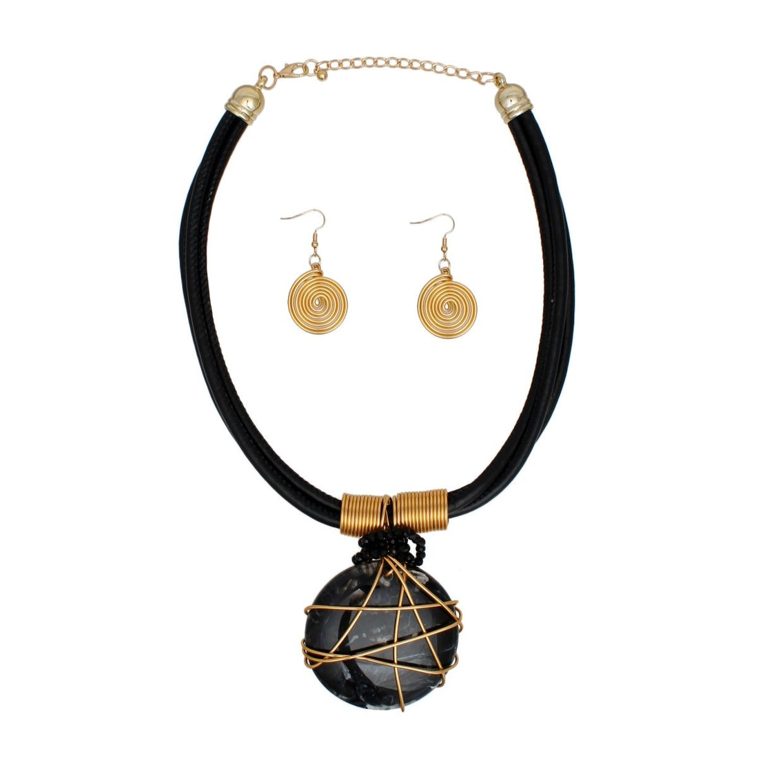 Pendant Black Leather Wire Wrapped Resin Necklace