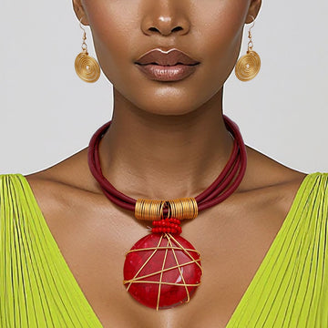 Pendant Red Leather Wire Wrapped Resin Necklace