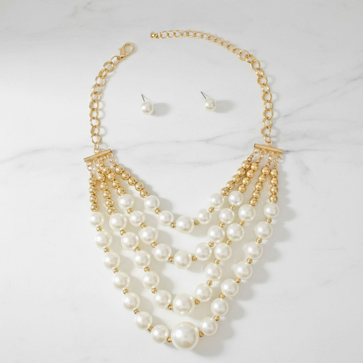 Cream Pearl and Gold Bead Layered Bib Necklace