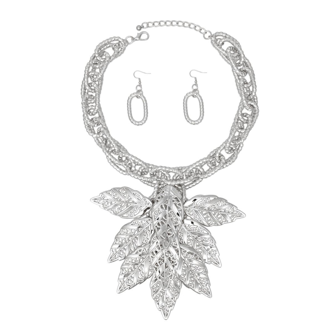 Bib Fall Season Silver Chunky Leaf Drop Necklace