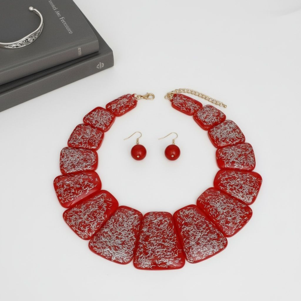 Bib Red Resin and Silver Confetti Large Necklace
