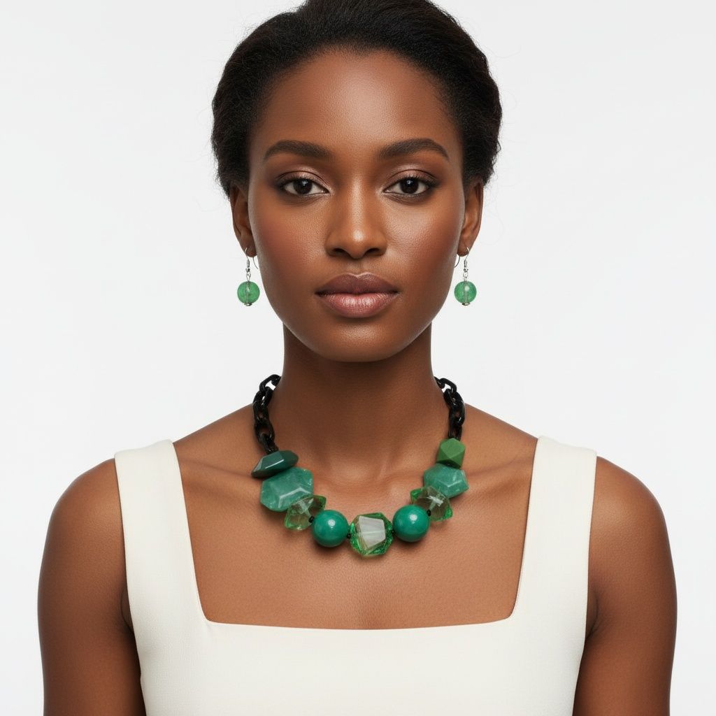 Beaded Green Chunky Mixed Bead Tribal Necklace