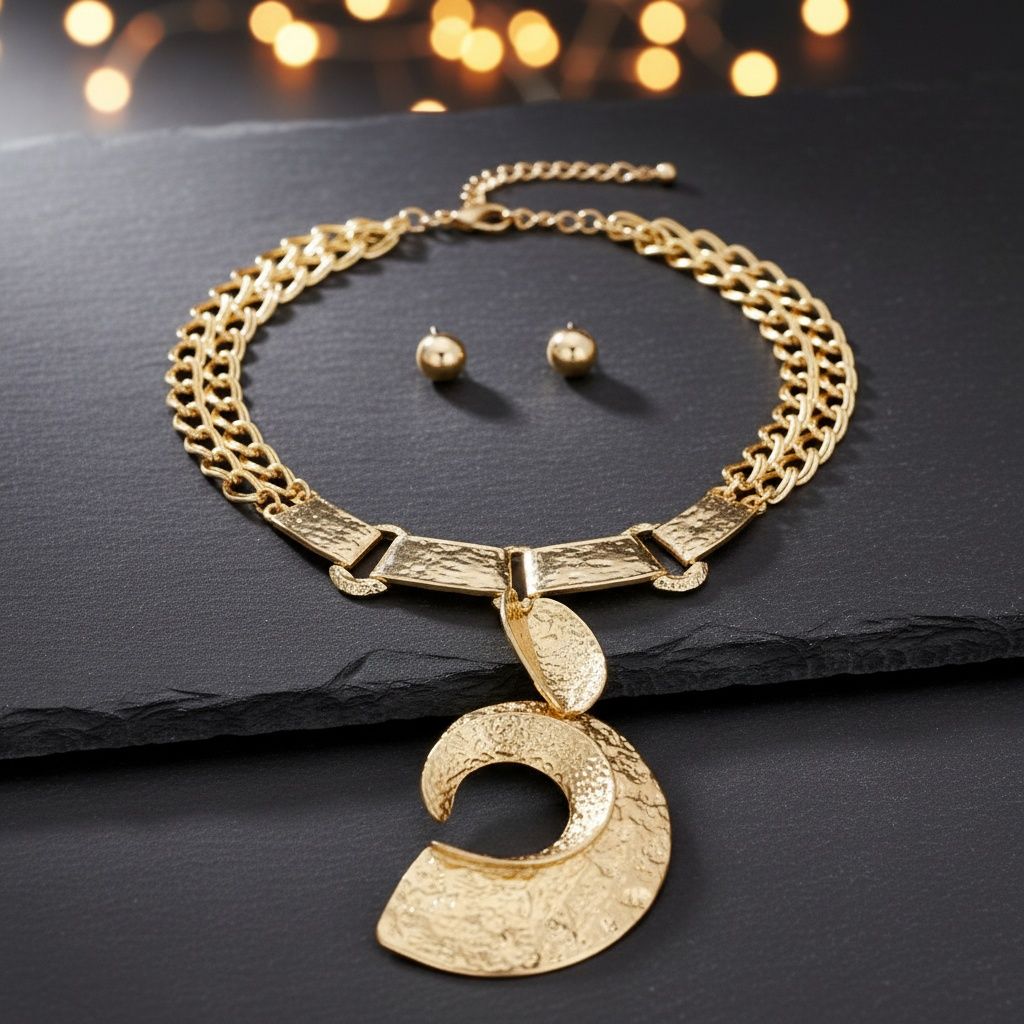 Pendant Gold Melted Metal Open C Chunky Necklace