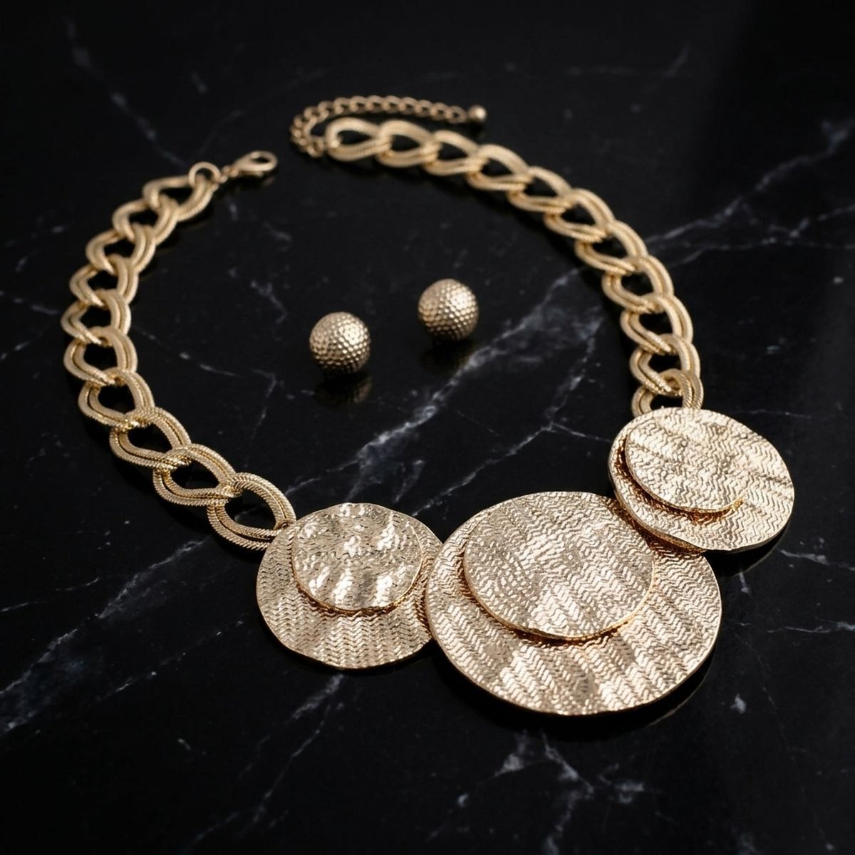 Bib Gold Wavy Stacked Discs Double Link Necklace