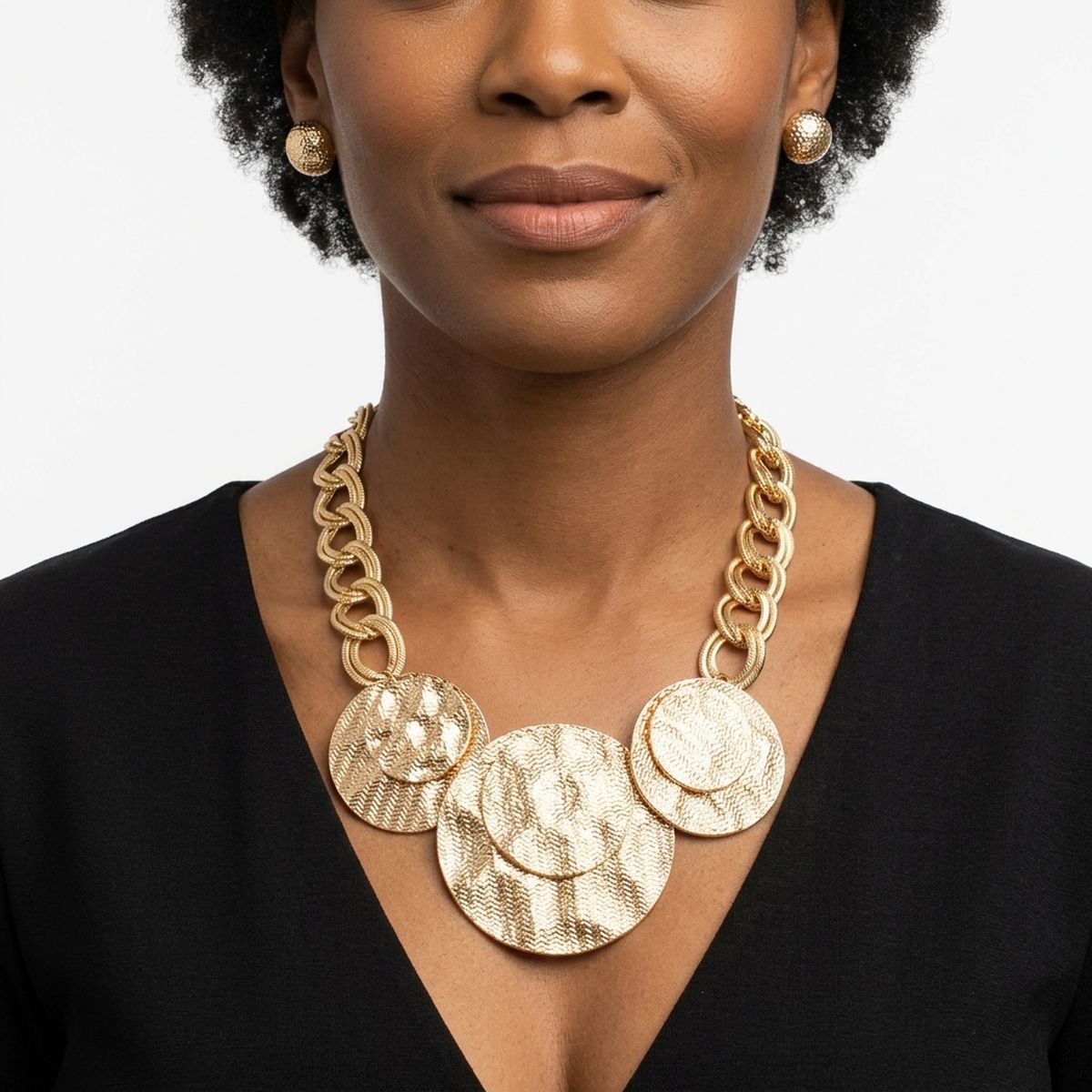 Bib Gold Wavy Stacked Discs Double Link Necklace